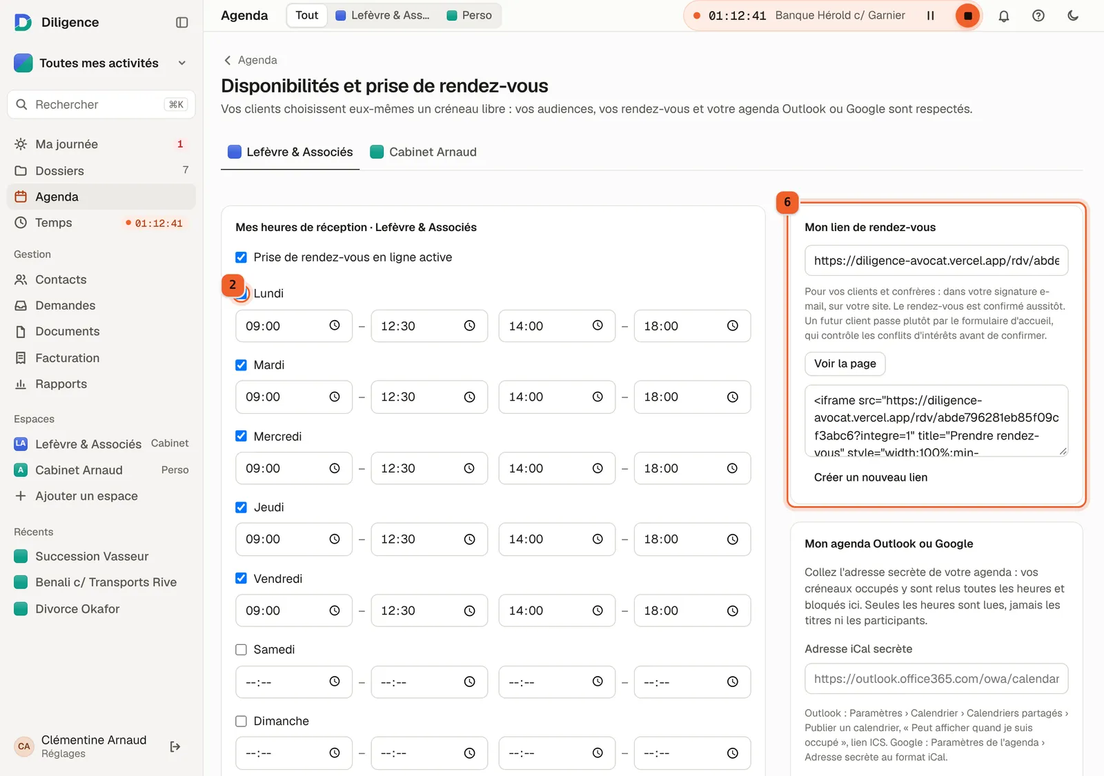 La page « Disponibilités et prise de rendez-vous » : les jours de réception avec deux plages horaires, et le lien de rendez-vous à partager.