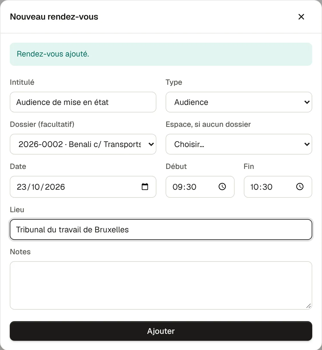 La fenêtre « Nouveau rendez-vous » remplie pour une audience de mise en état.