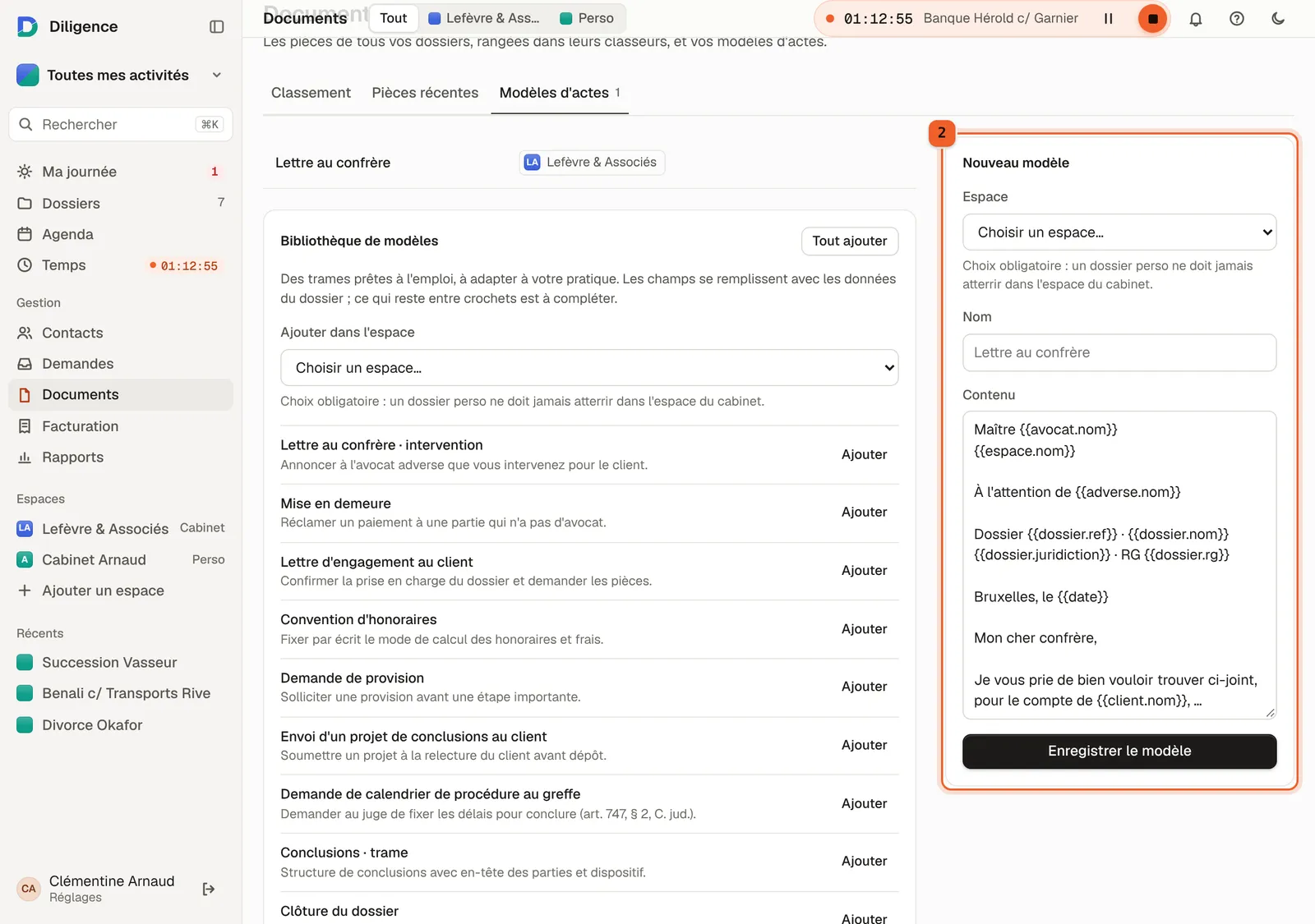 La page « Documents », onglet « Modèles d'actes » : la bibliothèque de modèles prêts à l'emploi et la carte « Nouveau modèle ».