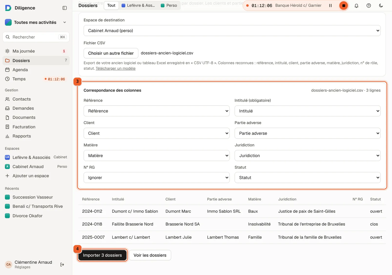 L'écran d'import après le choix du fichier : correspondance des colonnes, aperçu des dossiers et bouton « Importer 3 dossiers ».
