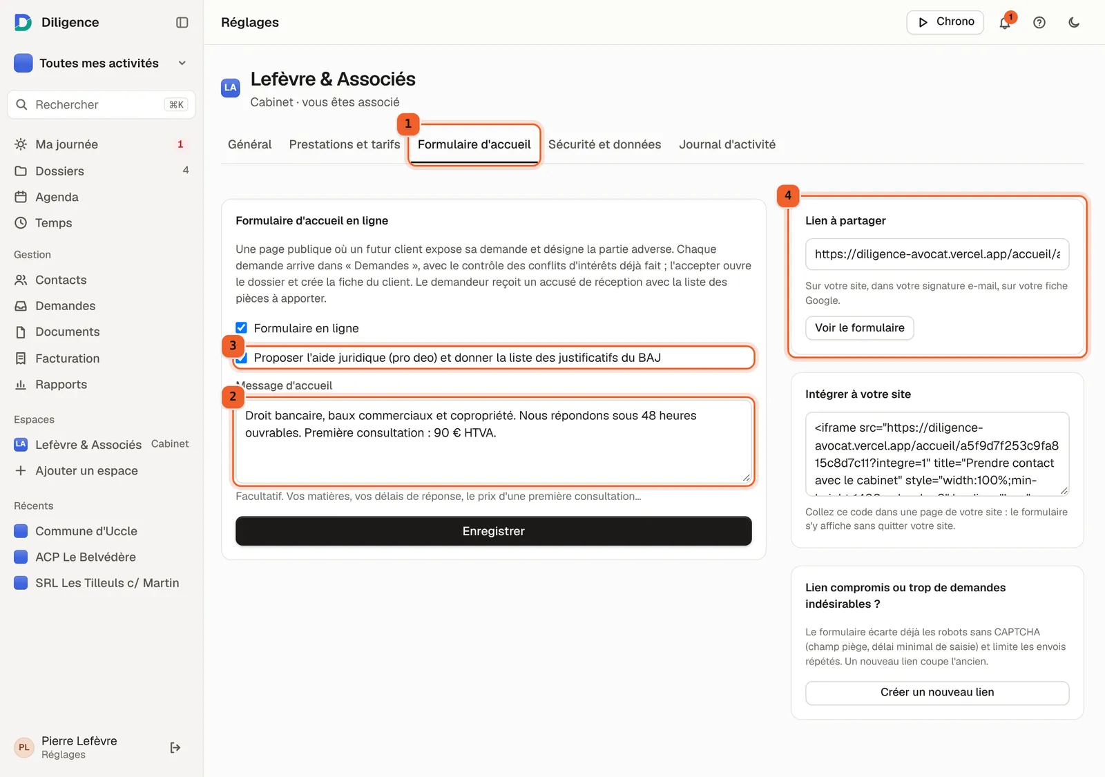 L'onglet « Formulaire d'accueil » des réglages de l'espace : message d'accueil, option d'aide juridique, lien à partager et code d'intégration.