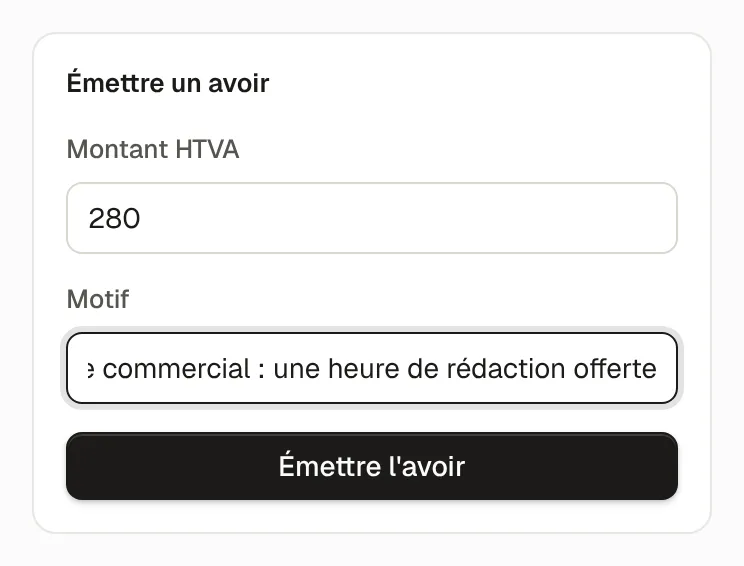 La carte « Émettre un avoir » remplie : 280 € HTVA, motif « Geste commercial ».