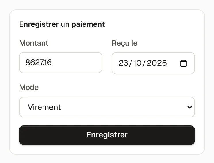 La carte « Enregistrer un paiement » : montant restant dû proposé, date de réception et mode « Virement ».