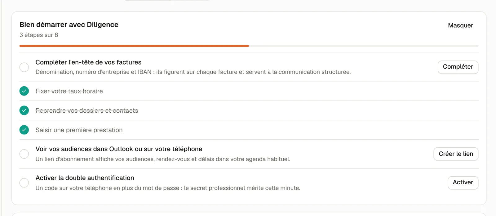 La carte « Bien démarrer avec Diligence » : une barre de progression et six étapes, dont trois cochées.