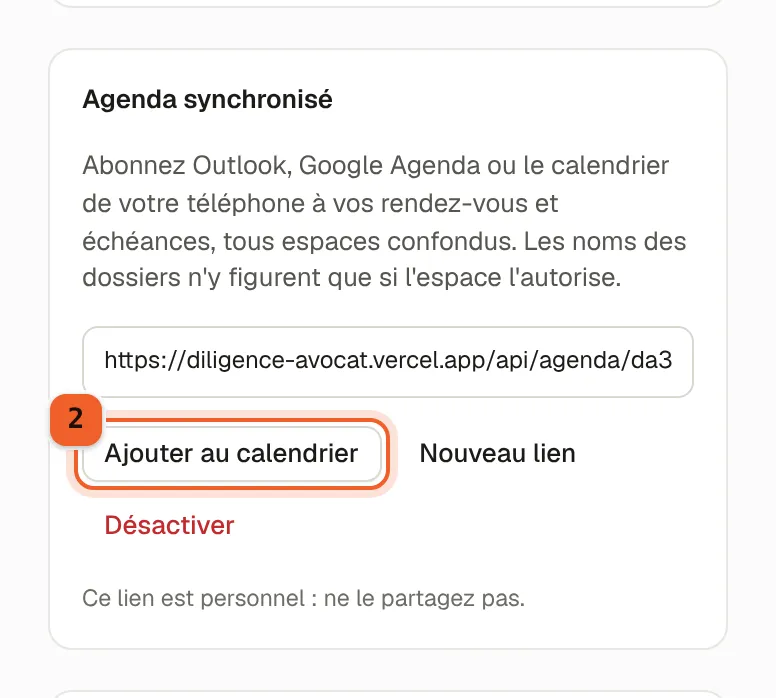 La carte « Agenda synchronisé » avec le lien personnel et les boutons « Ajouter au calendrier », « Nouveau lien » et « Désactiver ».